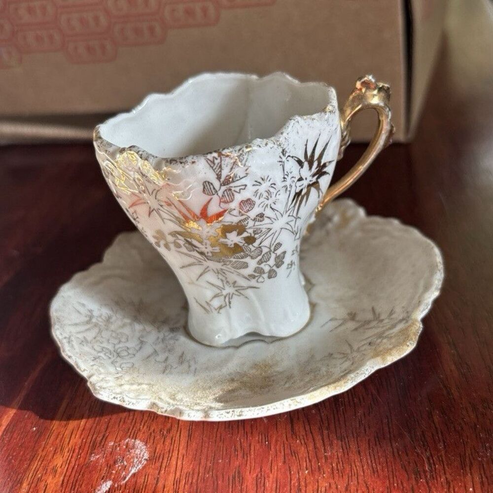 Miniature Porcelain Floral Painted Cup & Saucer Set White with Gold Trim